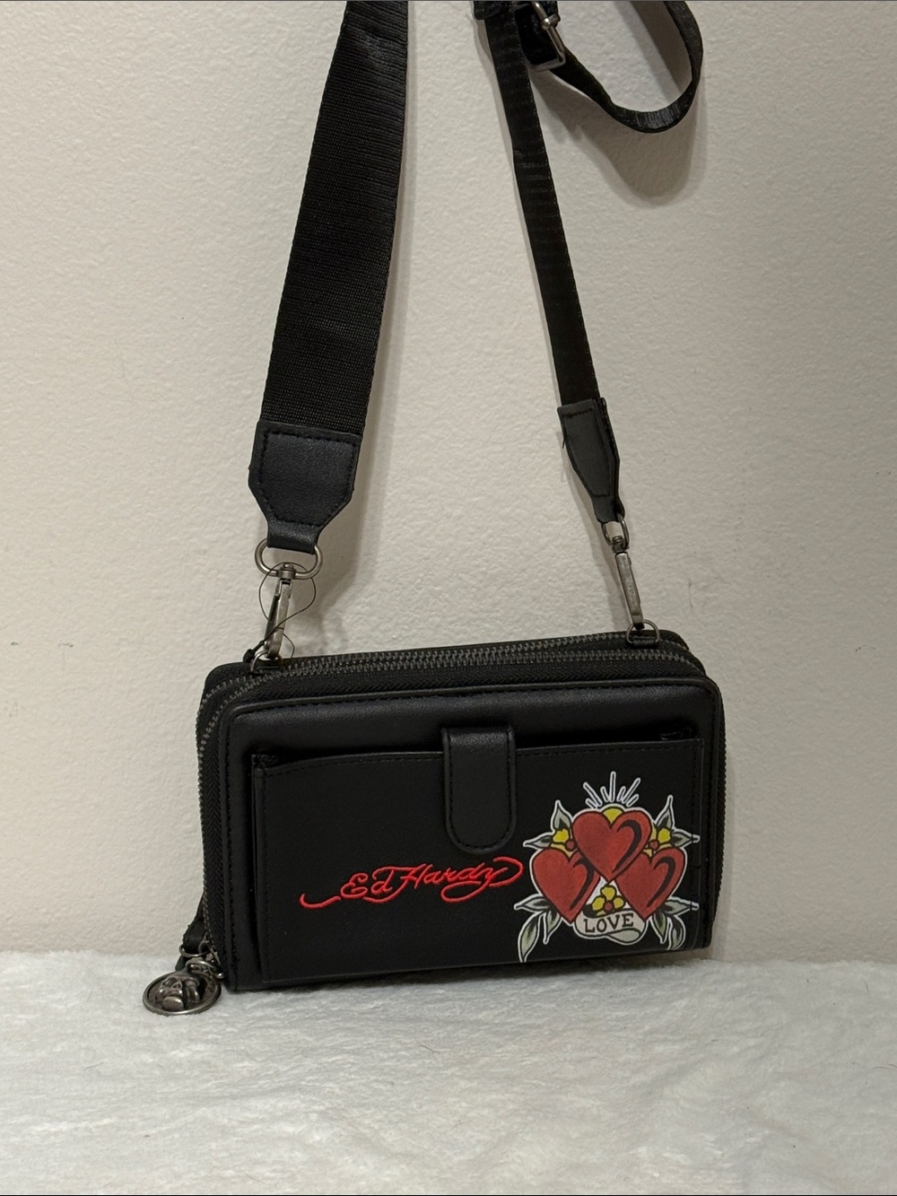 Ed Hardy Black Crossbody Wallet with Red Heart Tattoo Graphic